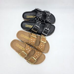 Colors of California ciabatta doppia fascia in pelle con strass e borchiette